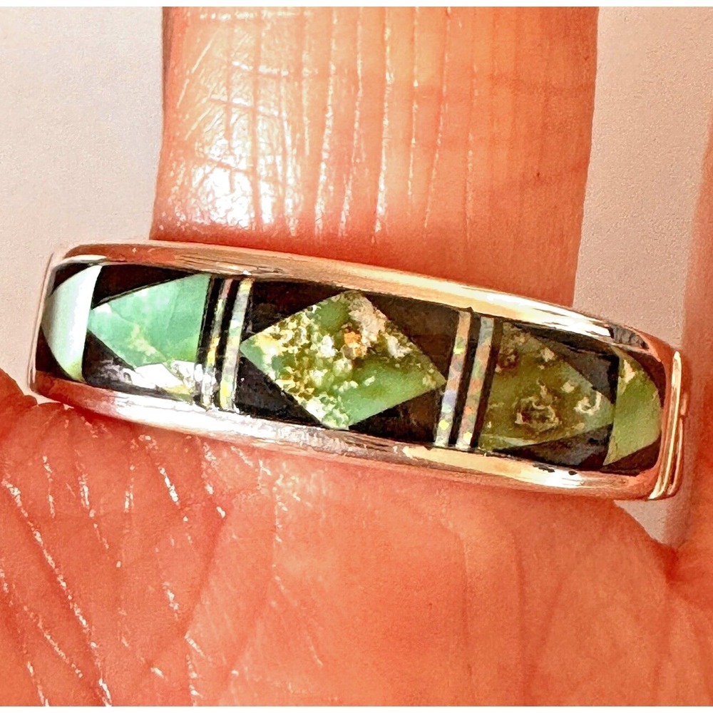 Navajo Inlay Turquoise Opal Multi Stone Wedding Band Ring Sz 13 7mm Mens Native